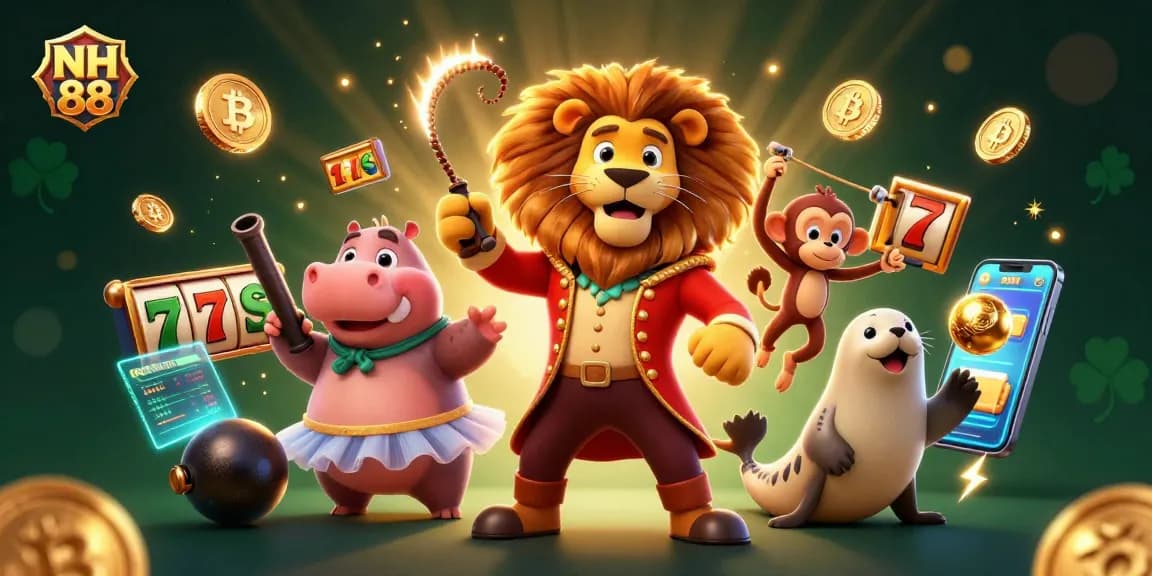 Experience the lively NH 88 atmosphere with slot visuals and vibrant characters in this casino-themed illustration.