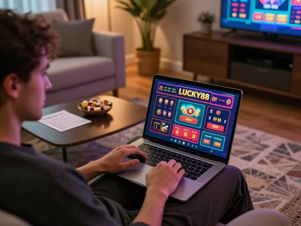 Engaged player enjoying LUCKY88 online casino games on a cozy laptop setup at home.