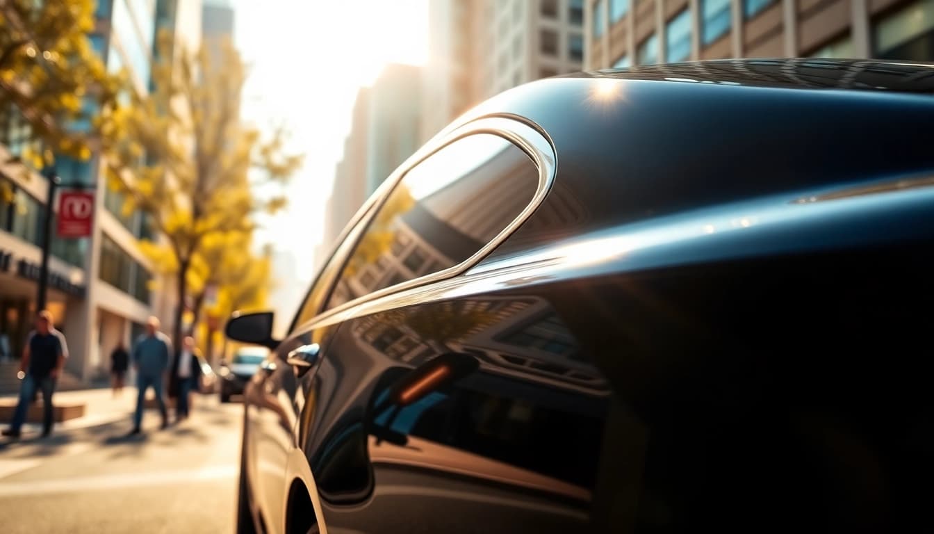 Get quality auto window tint near me highlighted in a professional car parked against a vibrant urban background.