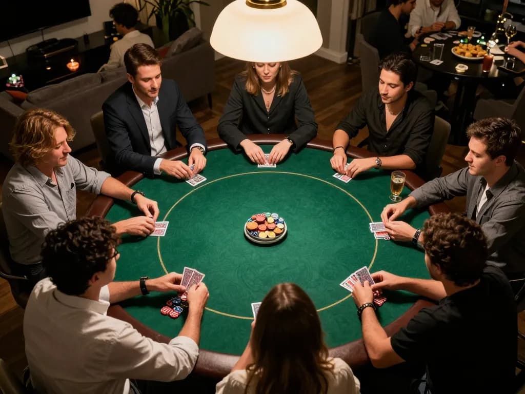 Engaged players enjoying a poker game at home, showcasing nhà cái bet88 experience in social gambling