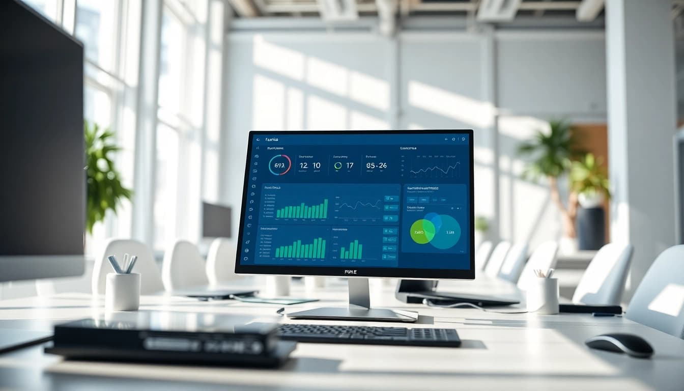 Engaging display of call centre software showcasing real-time analytics and user interface in a bright office.