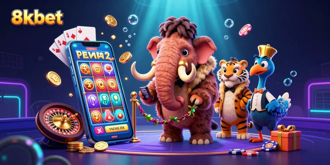 Experience the vibrant world of 8xbet with mammoth bouncers and exciting slot games in a dynamic casino scene.