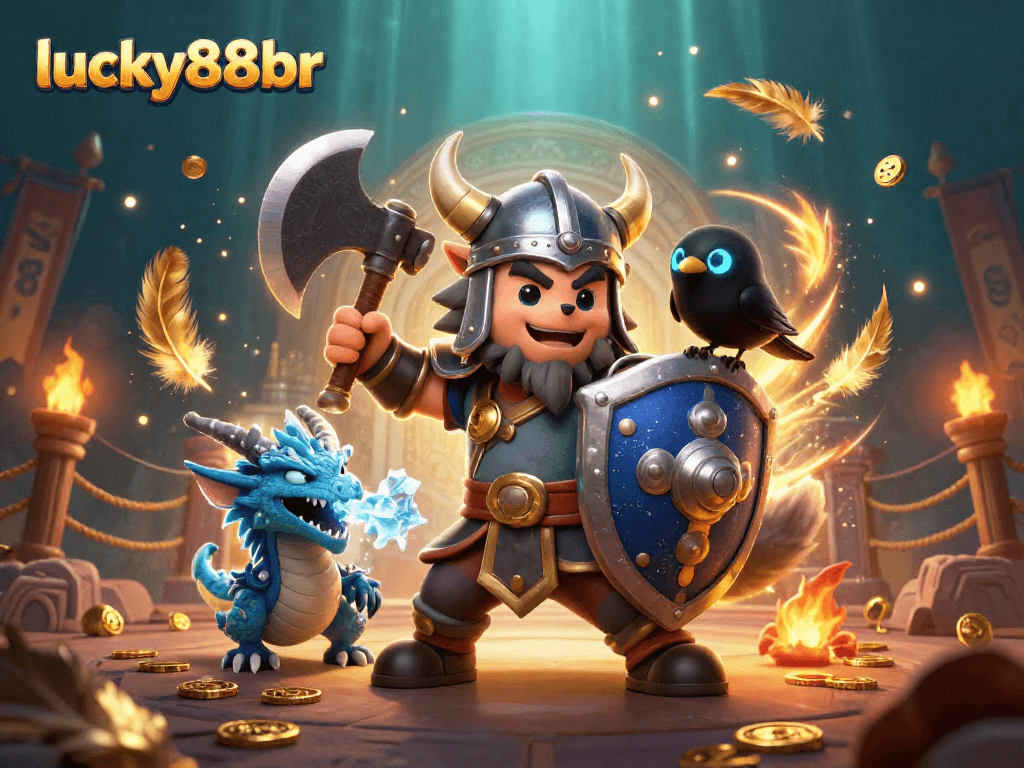 Experience immersive gaming with lucky88br featuring a Viking wolf warrior and dragon in a vibrant casino scene.