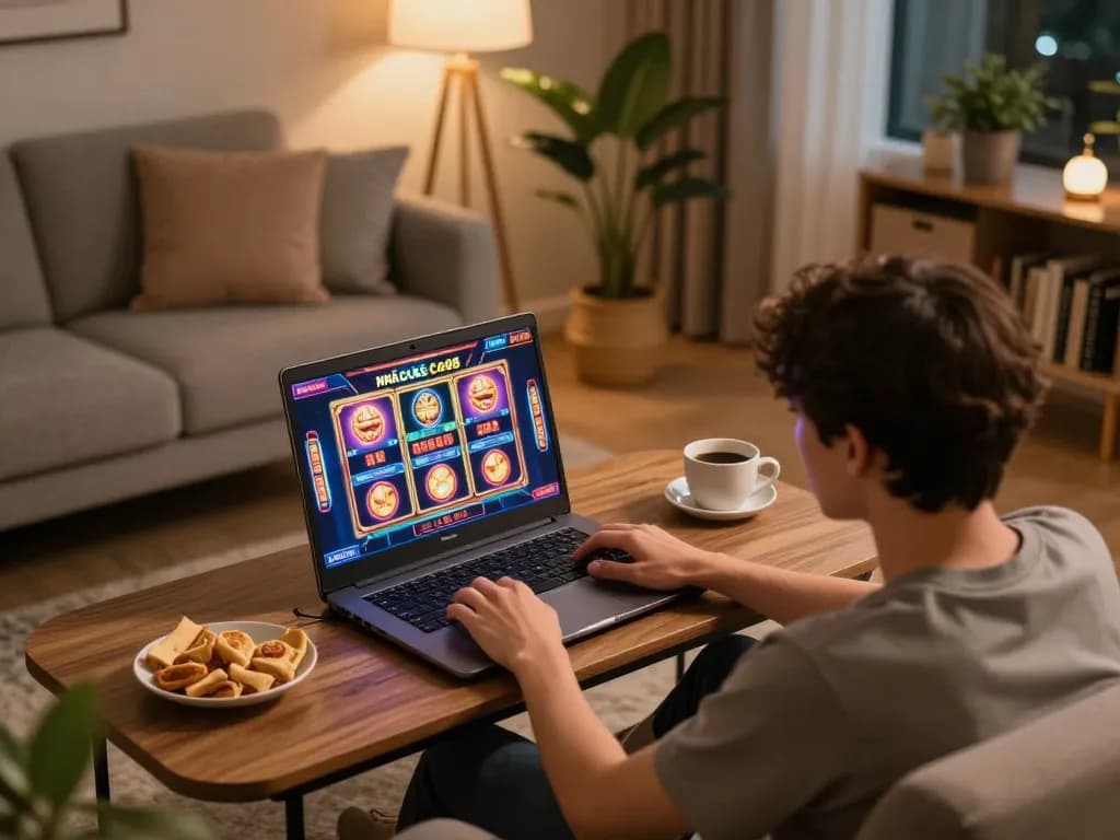 Engaged player enjoying slots at Nhà cái Co88 online casino in a cozy home setting.