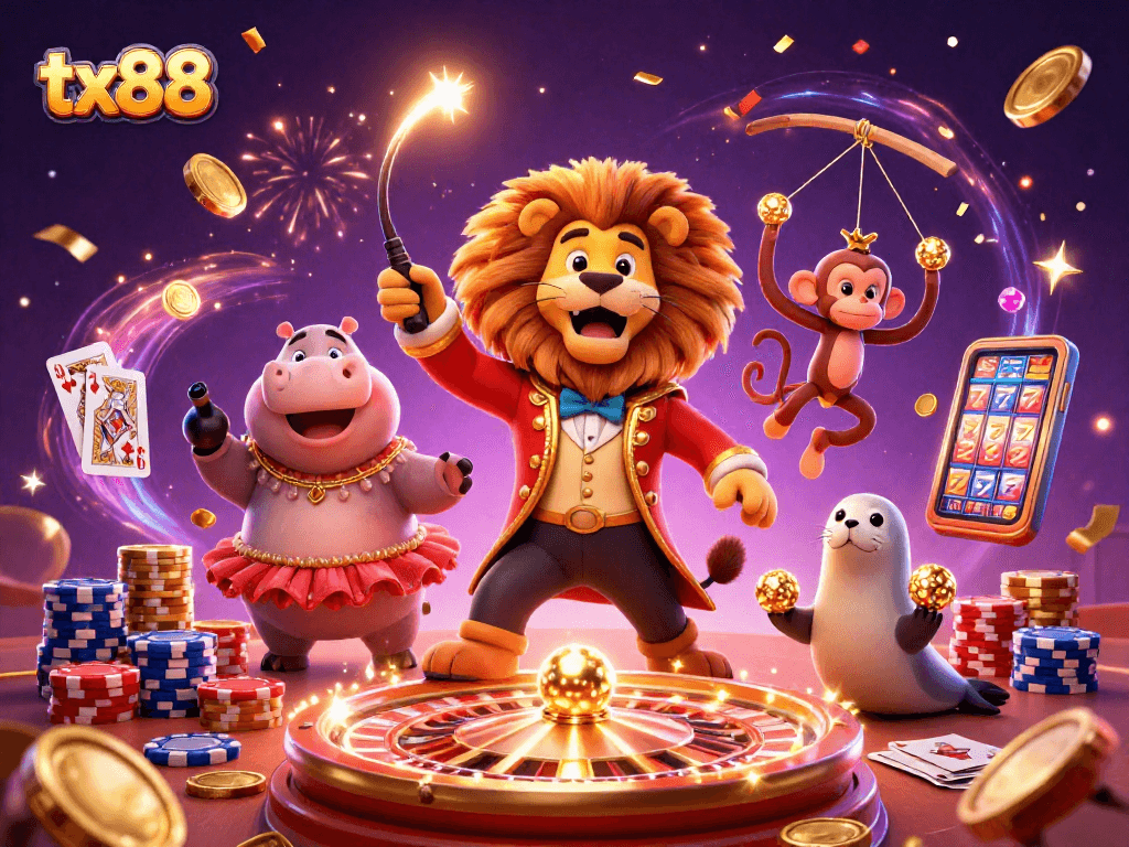 Experience the excitement of tx88 with lively casino characters like a lion ringmaster and vibrant gameplay elements.