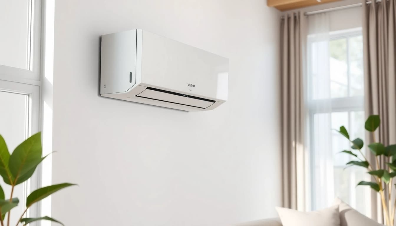 See the daikin mini split ac elegantly integrated into a stylish living room, showcasing sleek design and modern features.