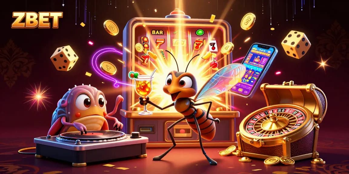 ZBET unleashes excitement as a casino mascot amidst a jackpot celebration with vibrant 3D elements.