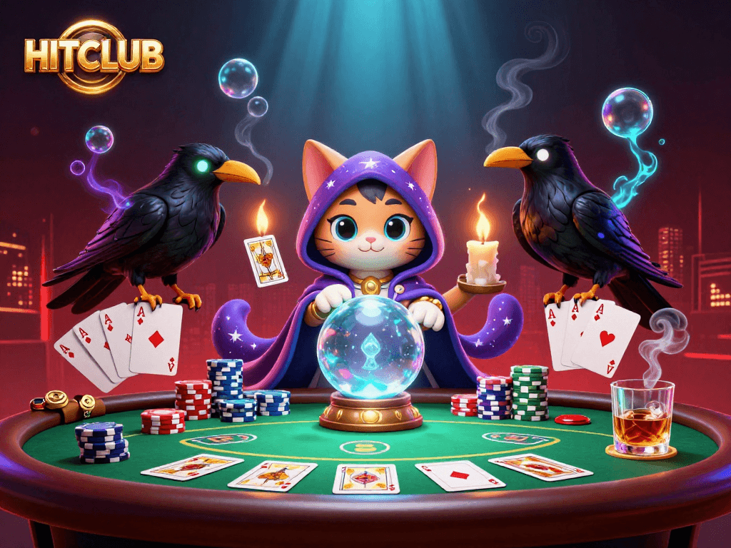 Engage in intense gameplay with HITCLUB at a vibrant casino scene featuring poker tables, glowing chips, and animated characters.