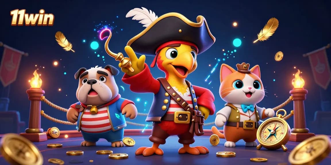 Join the excitement of 11win as pirate captain parrot commands thrilling bets amidst swirling gold tokens and an immersive gaming arena.