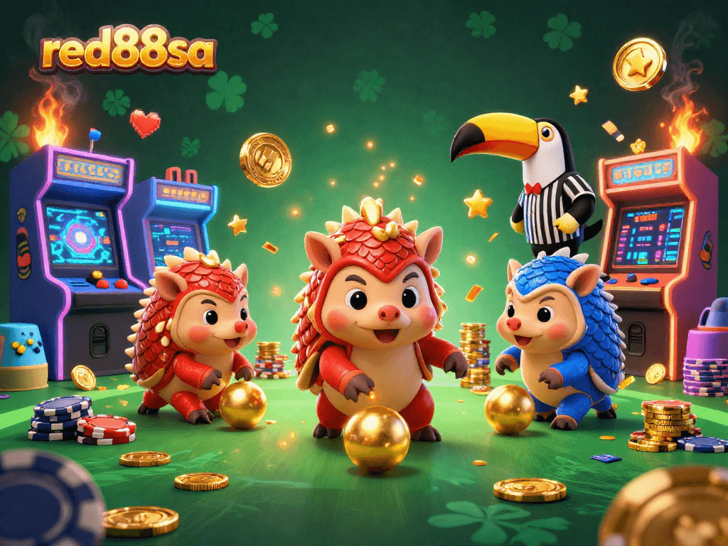 Engage in exciting gameplay with red88sa's vibrant 3D casino illustration featuring pangolins and poker chips.