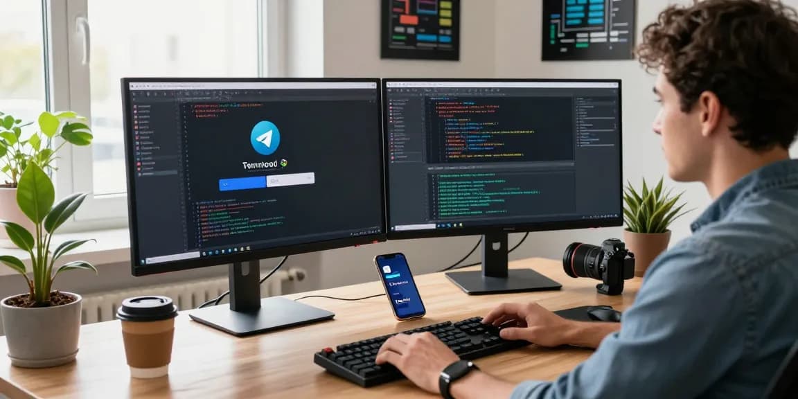 Scene illustrating the Telegram download process in a tech workspace, showcasing developer engagement.