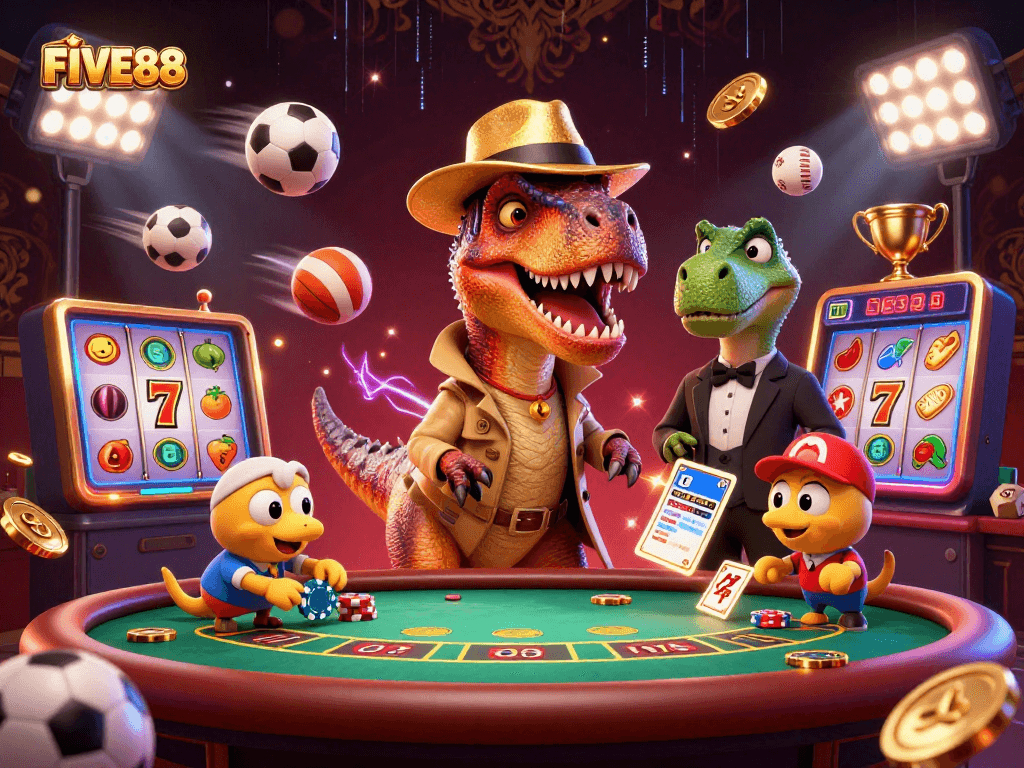 Engage with FIVE88's thrilling blackjack scene featuring a velociraptor card counter and stegosaurus pit boss.