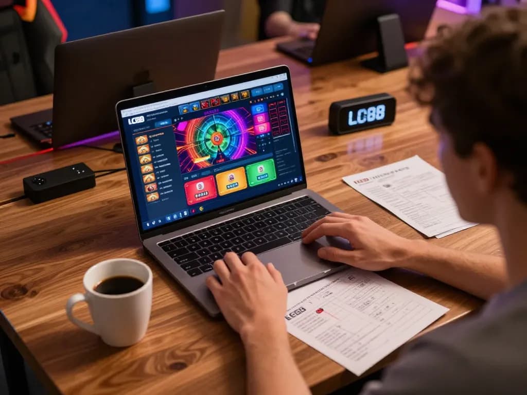 Engaged player exploring the LC88 casino platform on laptop in a cozy home setup.
