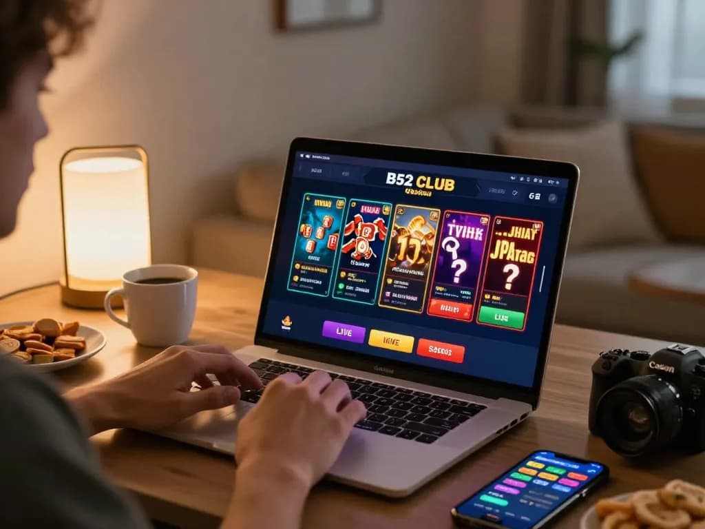 B52 club user engaging in strategic online gaming session on a laptop with vibrant gaming options.