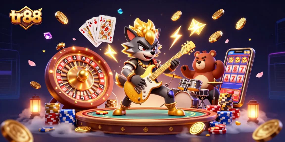 Enjoy tr88 action with a vibrant casino scene featuring a rocker wolf and a drummer bear.