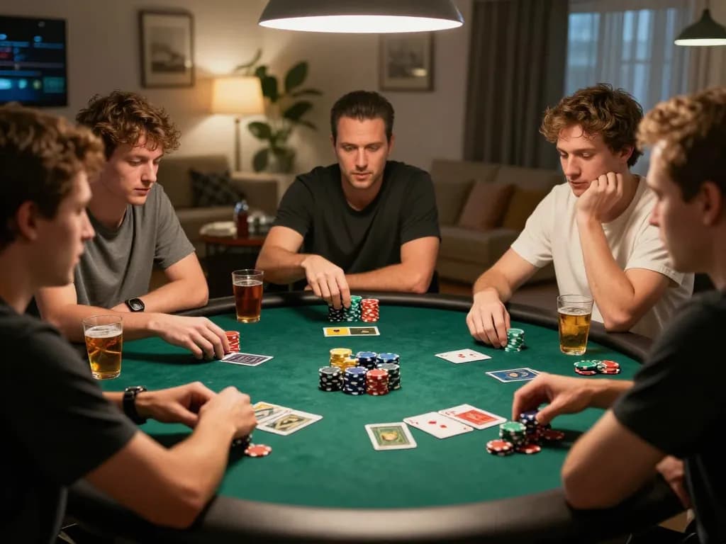 https://tx88at.com/ friends enjoy a thrilling poker night with colorful chips and competitive atmosphere.