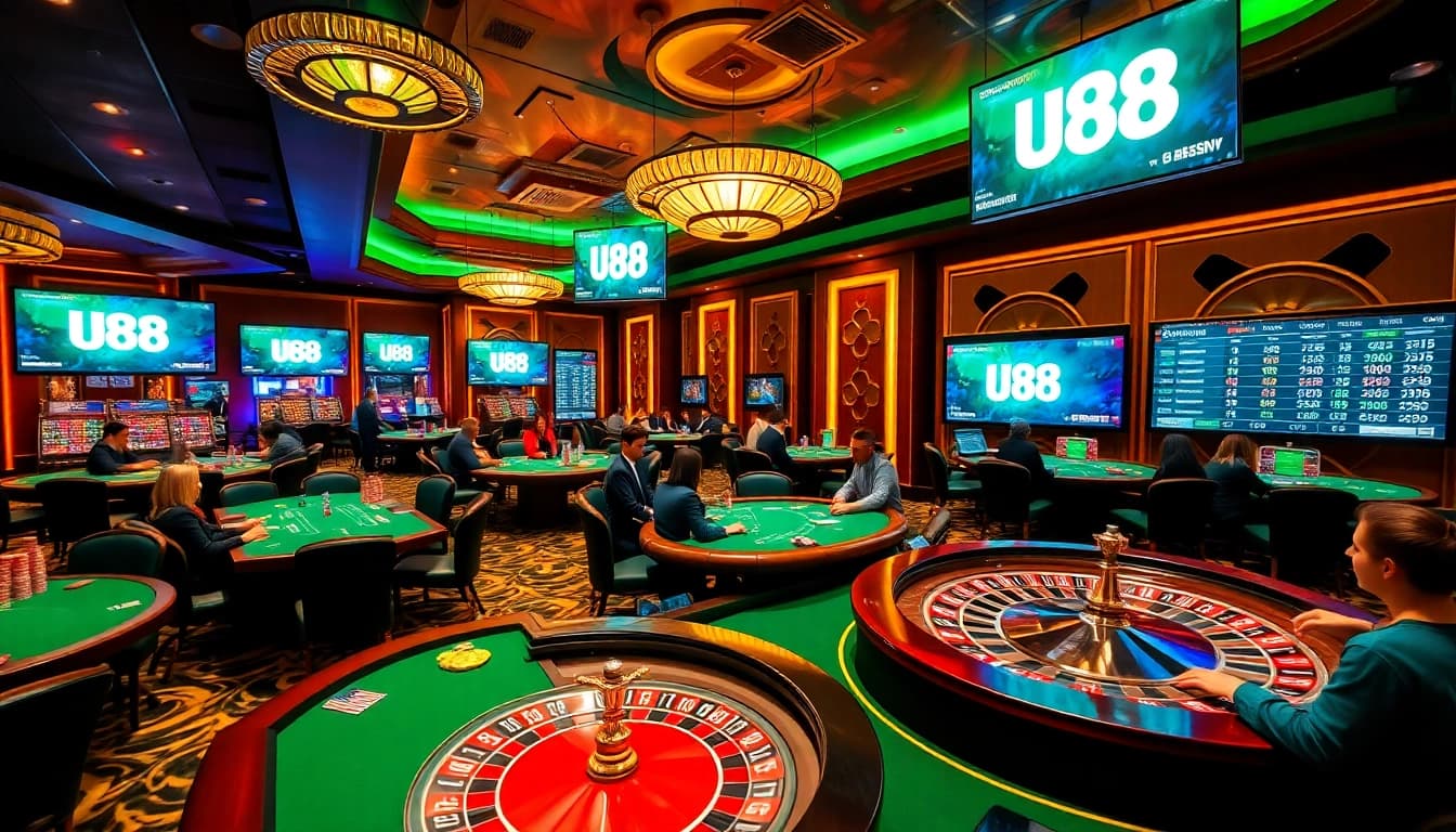 Players engaging in thrilling games at U88 Casino, featuring vibrant poker and blackjack tables.