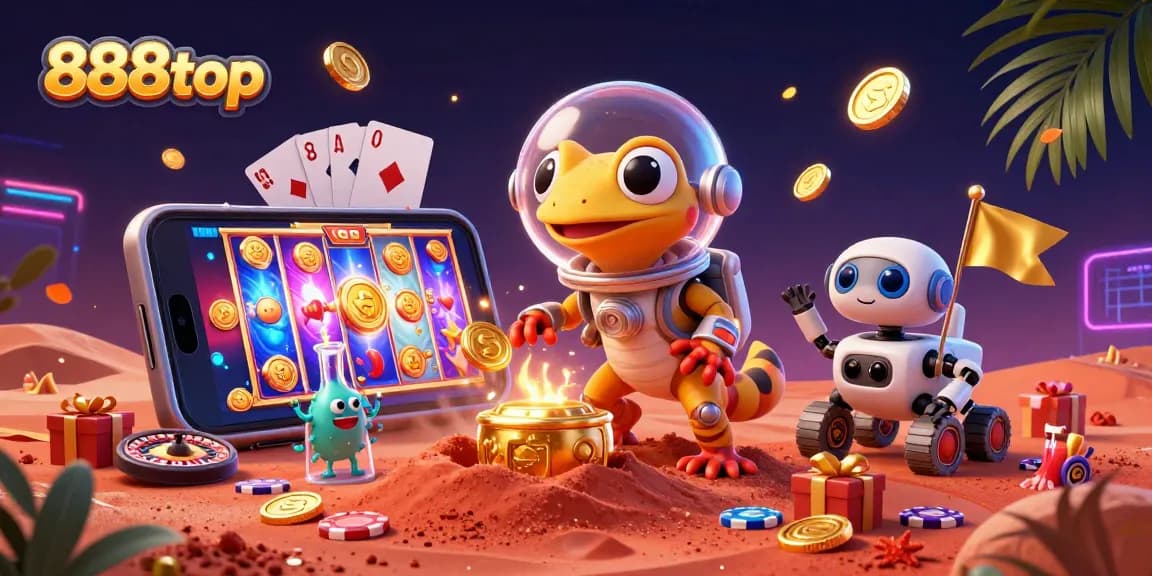 Engage with 888top in this vibrant illustration featuring a Martian gecko discovering a golden casino.