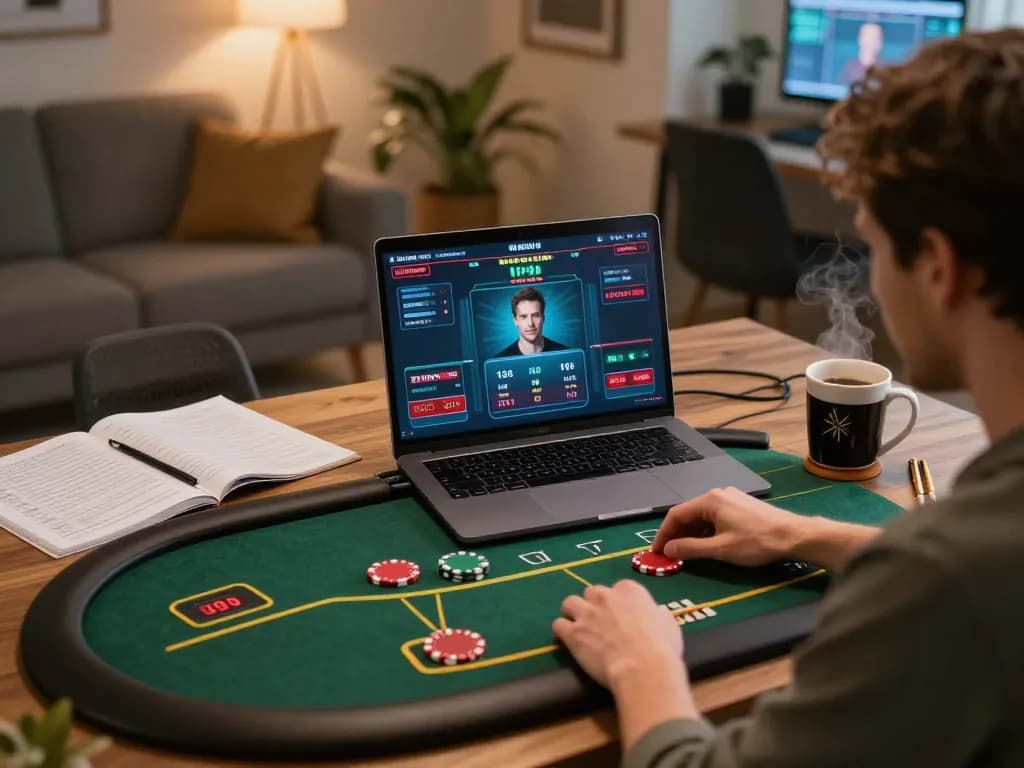 Fly88 online poker player making strategic bets in a cozy home setting