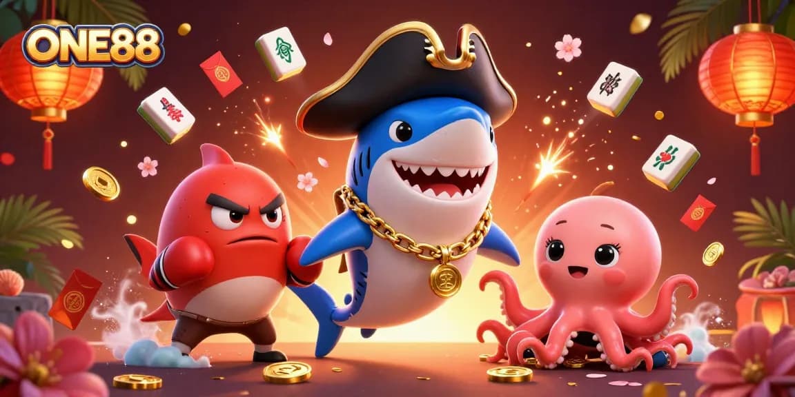 Engage with ONE88's vibrant casino scene featuring a shark, pufferfish, and octopus amid festive gaming elements.