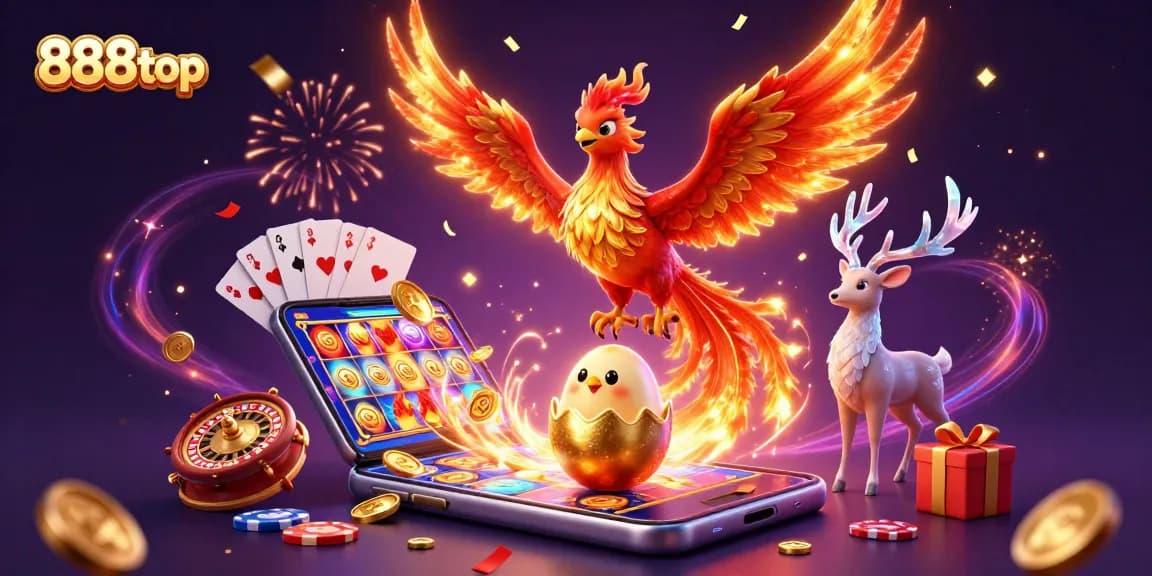 Experience 888top action with a vibrant phoenix and casino elements in a dazzling scene
