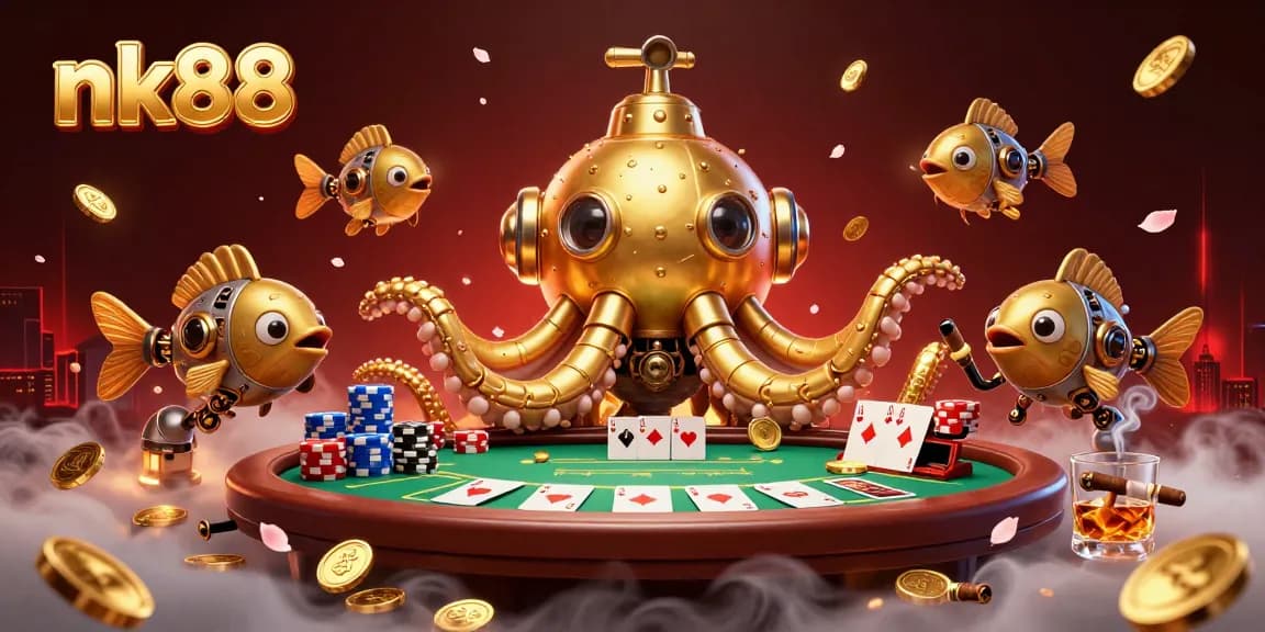 Engage in thrilling poker with nk88 featuring a golden kraken submarine in a vibrant casino scene.