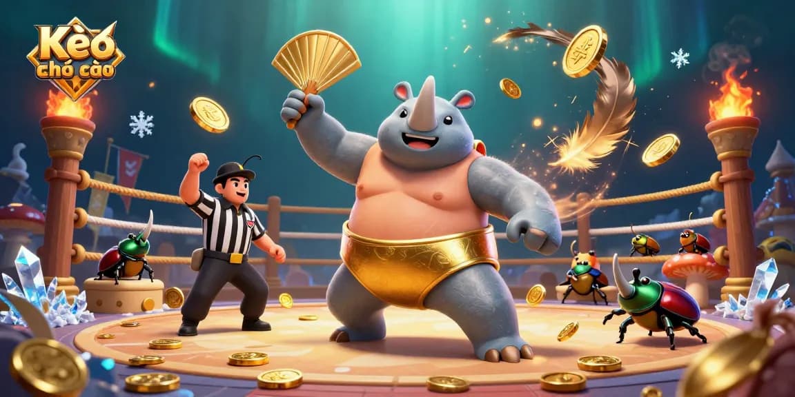 Kèo nhà cái sports betting scene with a rhinoceros beetle champion and cricket referee amidst coins and dynamic action.