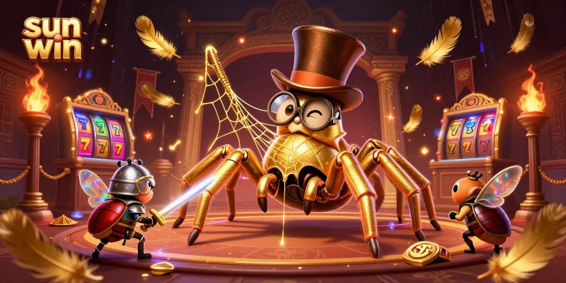 Exciting scene at the sun win casino featuring a golden tarantula and beetle knight amidst slot reels and vibrant action.