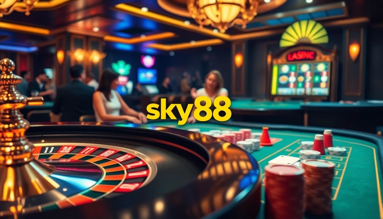 Engaging casino scene featuring dynamic gameplay at https://sky88sa.com/ with roulette and poker elements.