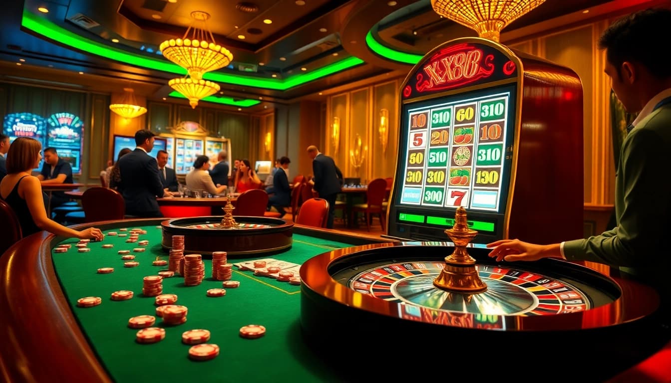 Experience the excitement of XX88 with players at a vibrant casino table and slot machine wins.