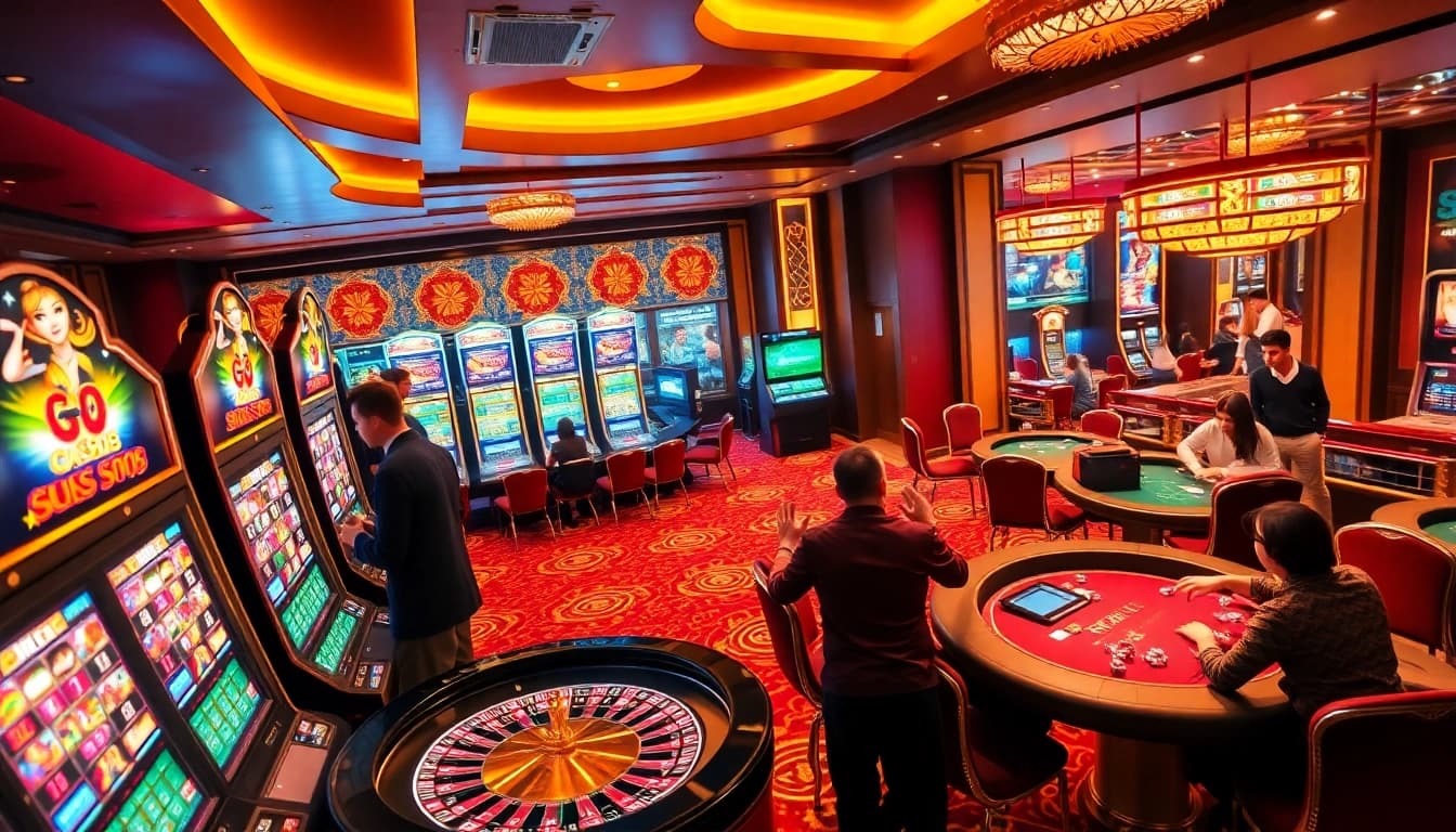 Gamblers enjoying diverse games at GG88's vibrant casino atmosphere.