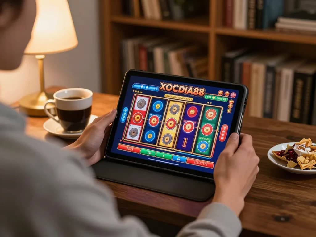 Player enjoying the colorful XOCDIA88 slot games on a tablet, cozy home gaming atmosphere.