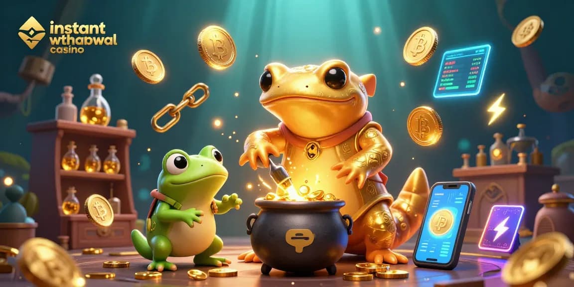Experience the thrill of an instant withdrawal casino with golden alchemy and crypto elements in a magical setting.