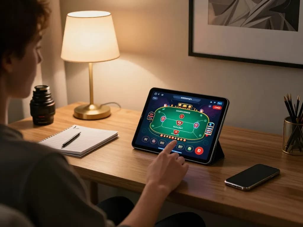 Engaging with the casino app at https://da88at.com/ in a stylish home office, showcasing dynamic poker gameplay