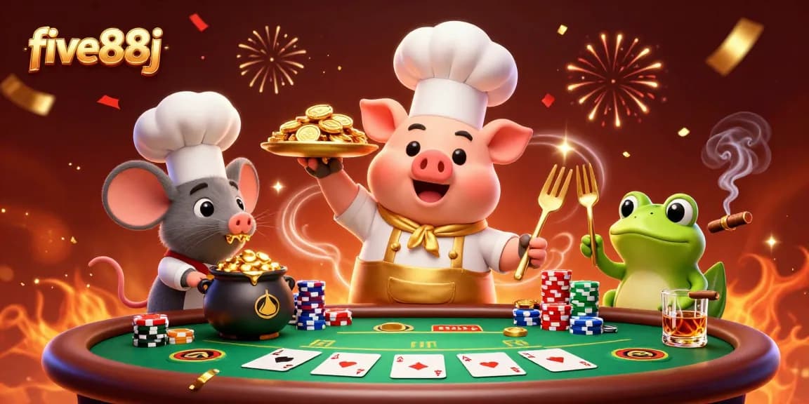 five88j showcases a vibrant casino scene with a chef pig serving gold coins amidst poker elements.