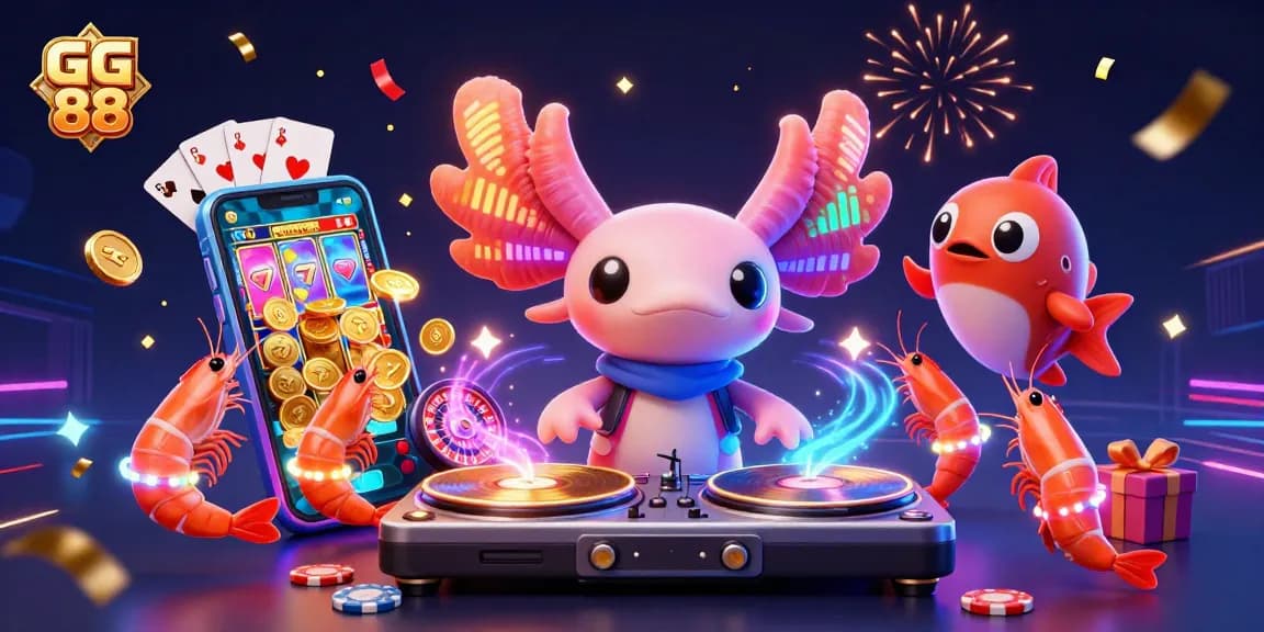 Join the vibrant GG 88 casino experience with a neon axolotl DJ spinning colorful slots and engaging games.