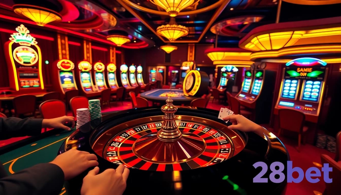 Exciting gaming scene at 28bet casino with engaged players and vibrant roulette table action.