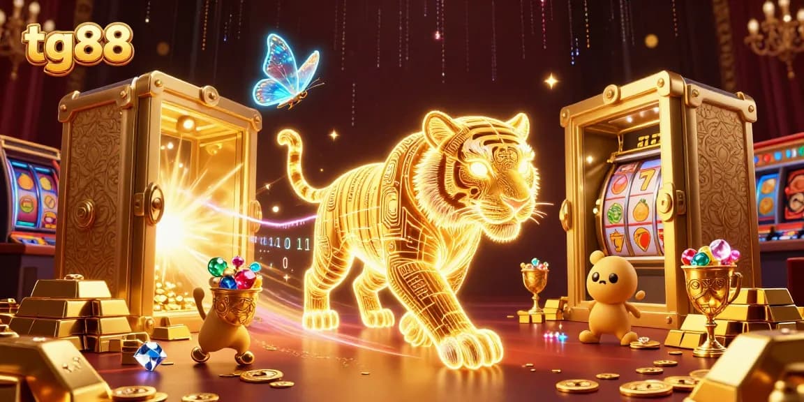 Engage with tg88 in a vibrant digital casino scene featuring slots and treasure elements.