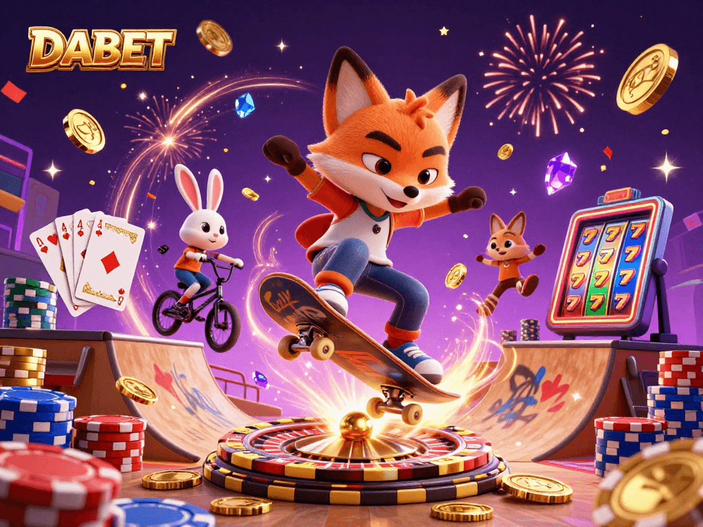 DABET casino-themed illustration featuring a skateboarder fox and BMX rabbit amid vibrant gaming elements and confetti.