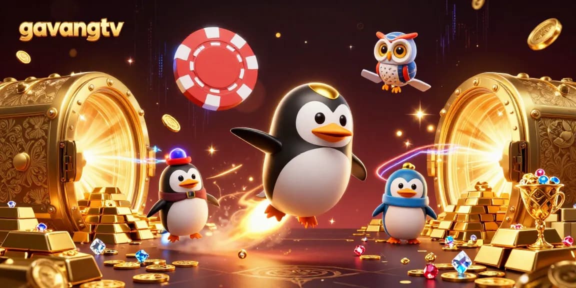 Engage with thrilling action at gavangtv showcases a golden penguin rocket, coins, and vibrant casino elements