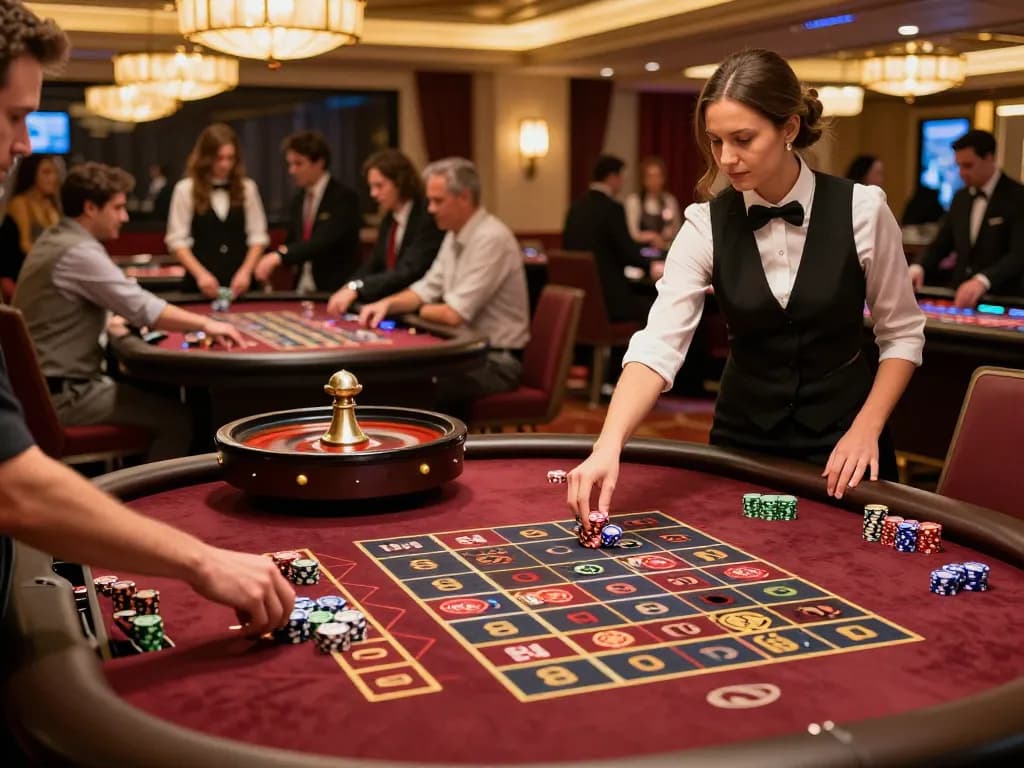 90P roulette action with players engaged in lively bets, vibrant casino floor scene.