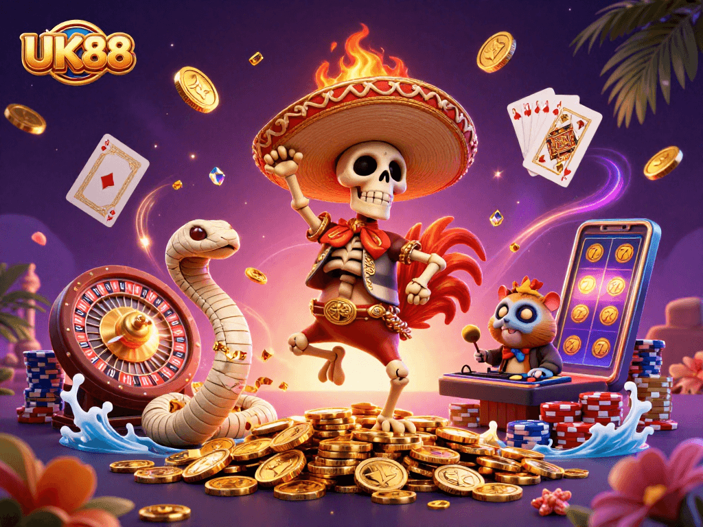 Experience the thrill of UK88 with a vibrant scene showcasing a mariachi rooster, mummy snake, and hamster DJ.