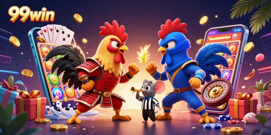 Engage with 99win's vibrant 3D casino scene showcasing a dramatic rooster standoff amidst games and elements.