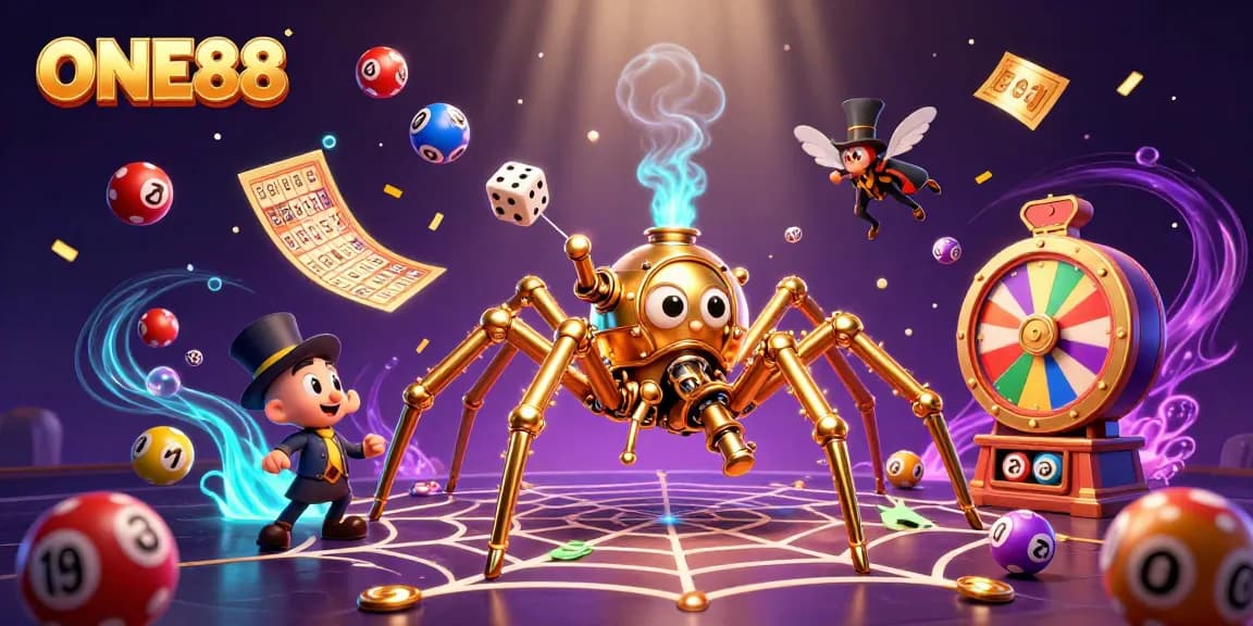 ONE88 illustrates a steampunk spider's web catching dice in a vibrant casino ambiance.