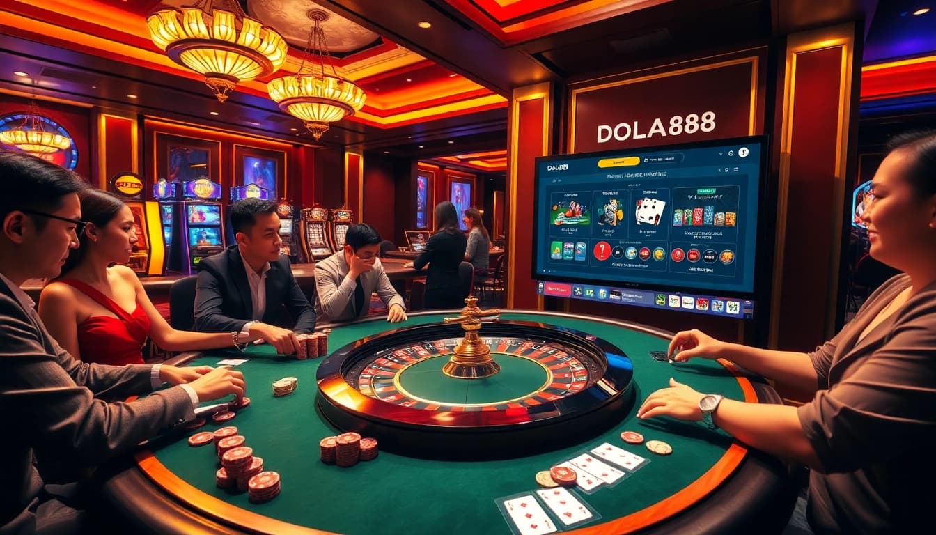 Experience thrilling gameplay at DOLA88 with vibrant casino elements and lively gamblers.