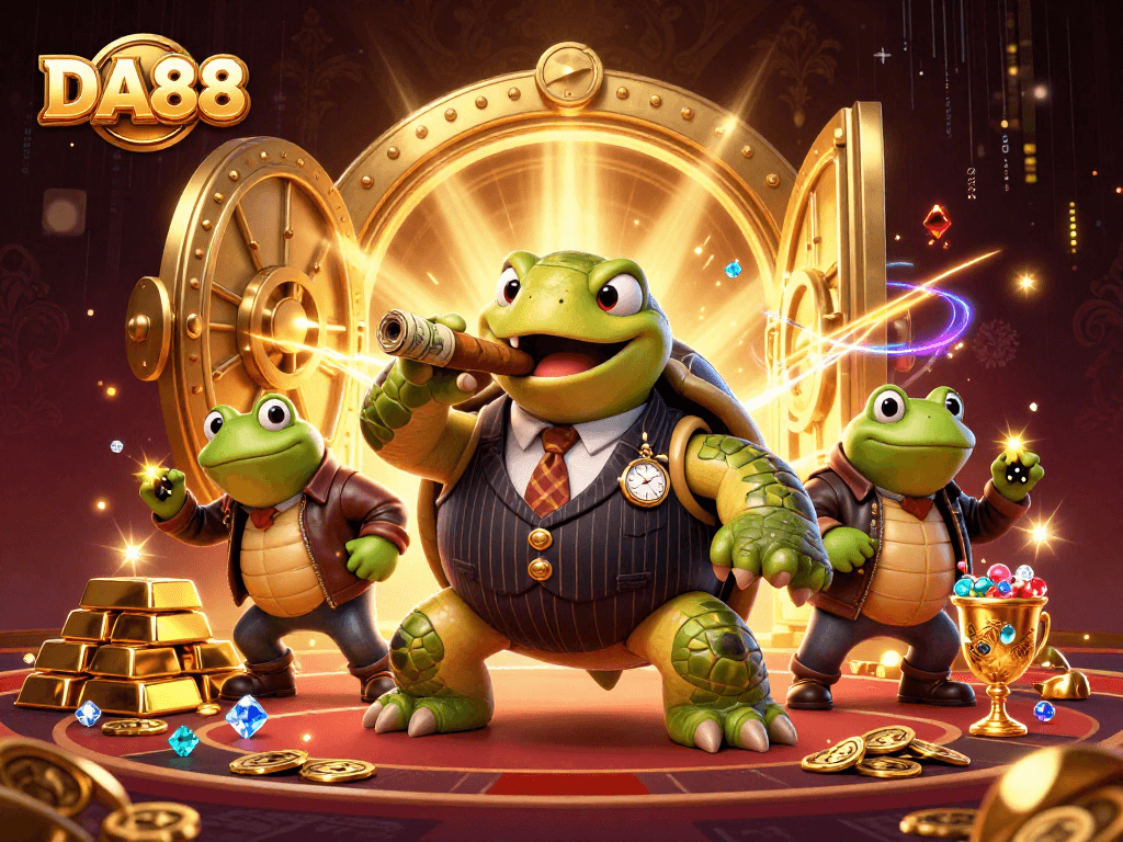 DA88 players engaging in thrilling casino adventures with a vibrant snapping turtle and bullfrogs.