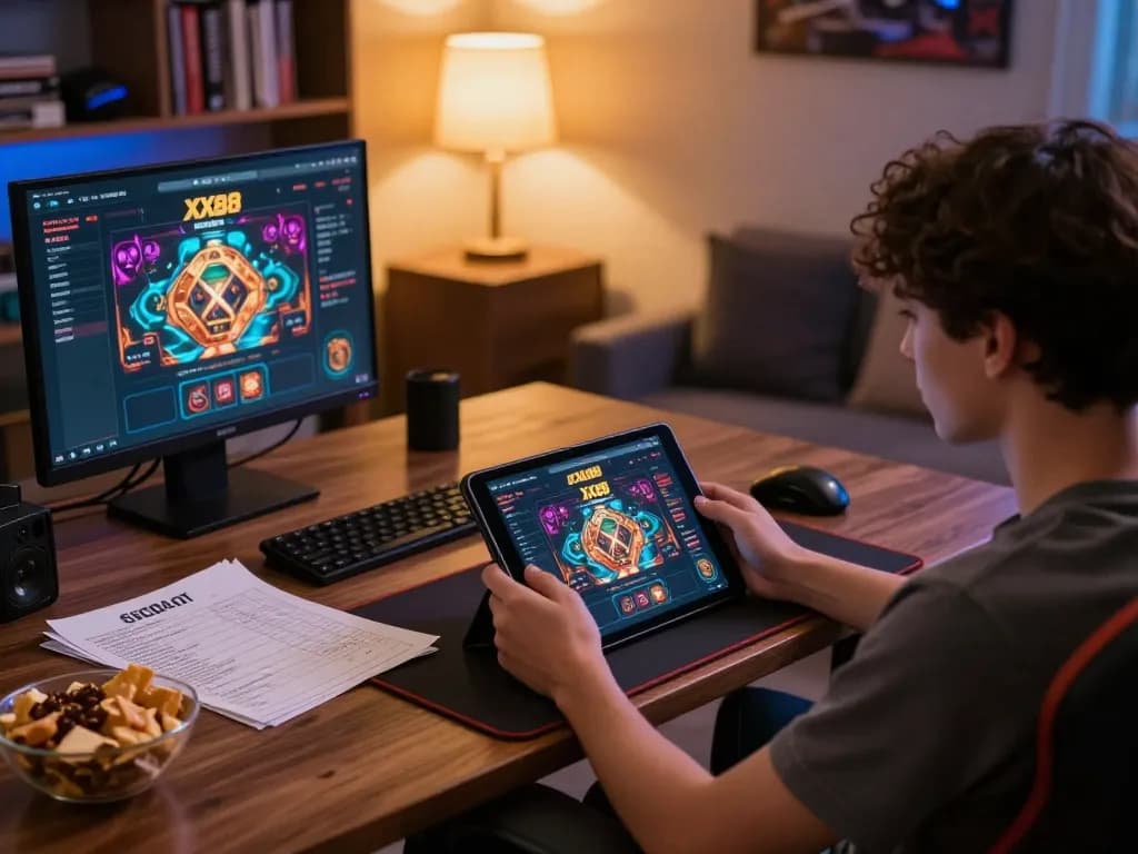 Engaging online gaming experience on https://xx88gg.net/ with tablet and gaming strategy notes in a cozy atmosphere.