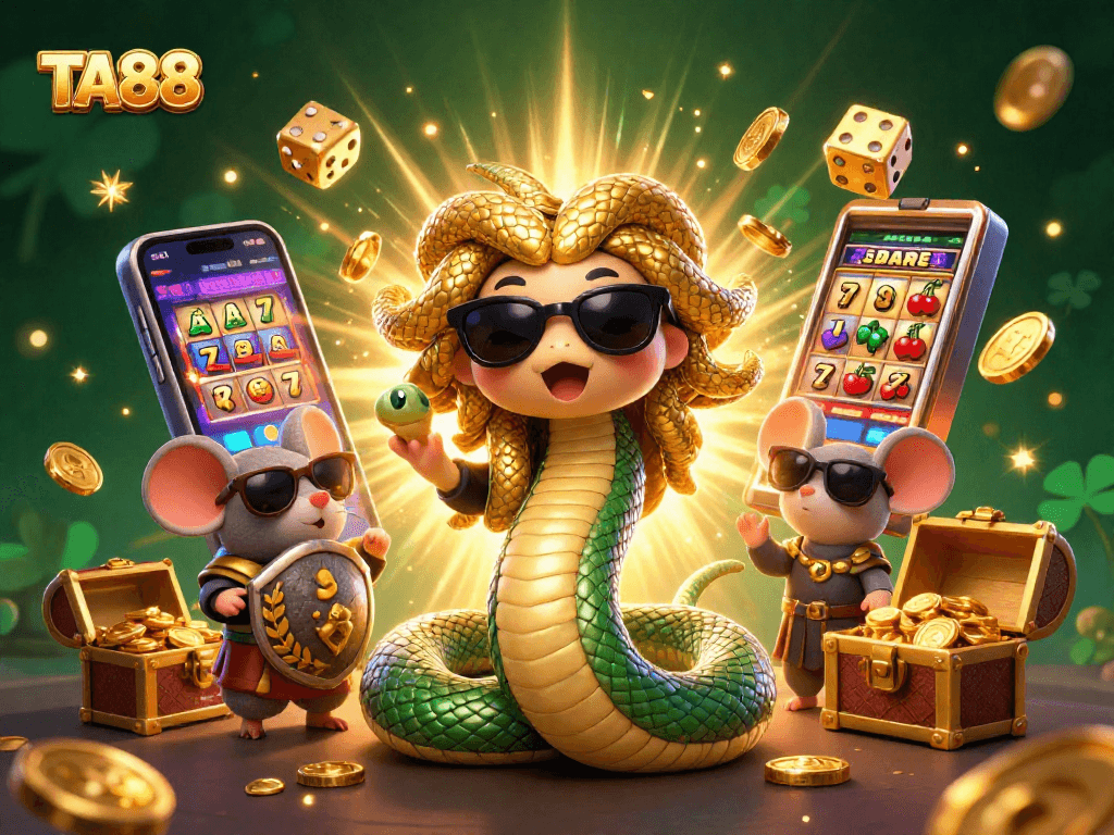 Engage with TA88's exciting slots in a vivid 3D cartoon illustration featuring Medusa and a warrior mouse.