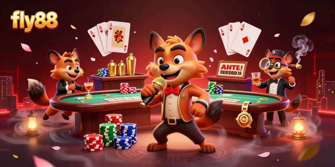 fly88 brings excitement with hyena characters in a vibrant casino scene, showcasing poker elements and dynamic action.
