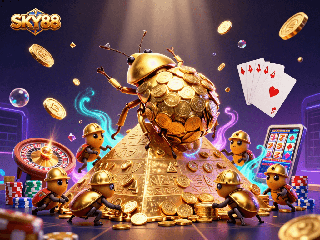 SKY88 showcases a golden dung beetle amidst enchanting casino elements, creating a winning atmosphere.
